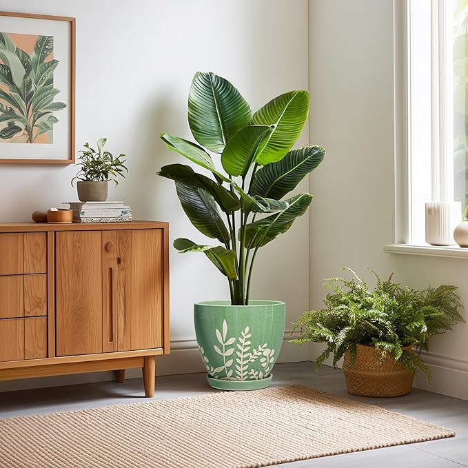 10 Inch Ceramic Plant Pot with Drainage and Saucer - Large Decorative Flower Pot for Indoor and Outdoor Plants, Round Indoor Planter, Gifts for Plant Lovers, Home Office Patio Decor, Green