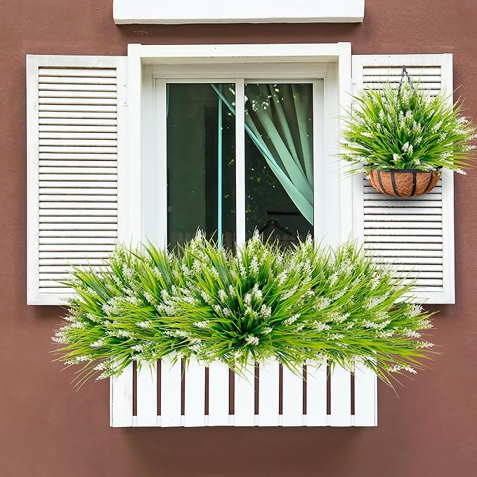 Sggvecsy 12 Bundles Artificial Plants Outdoor Faux Lavender Flowers Fake Monkey Grass UV Resistant Plastic Greenery Plants for Garden Home Porch Window Patio Hanging Planter Indoor Decor (White)