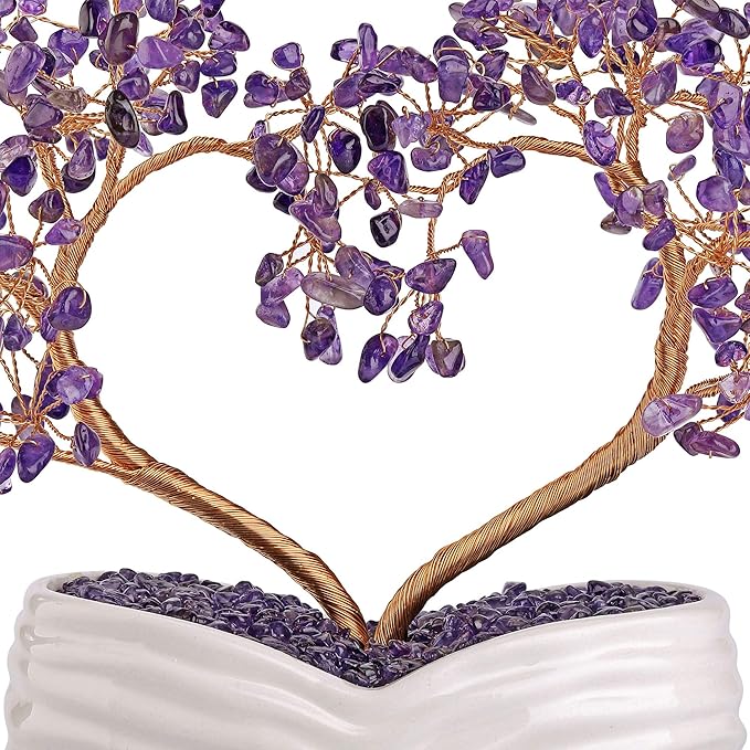 Jovivi Amethyst Crystal Heart Money Tree Healing Gemstone Bonsai Tree for Wedding Ceremony Reiki Balancing Energy Meditation Feng Shui Wealth & Good Luck Home Indoor Office Decor 7.87"-8.26"