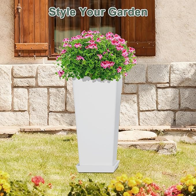 Set of 2 Tall Planters for Outdoor Plants with Drainage Tray, 24" Large Flower Pots for Front Porch Decor, Patio, Garden (White 24")