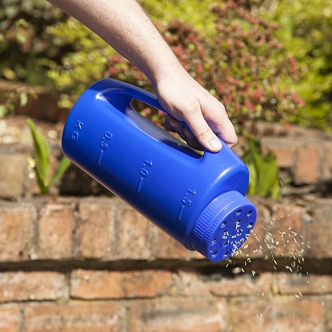 Katai – 2L (70 oz) Hand Held Spreader – Adjustable Hole Size for Seeds, Fertilizer, Salt & Ice Melt – Heavy-Duty Garden Spreader with Scoop – Blue
