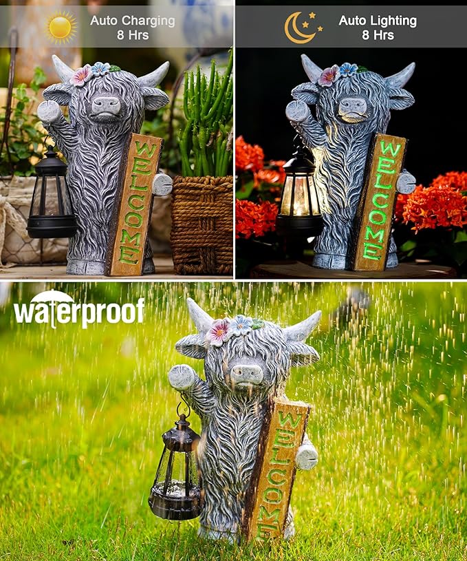 Nacome Highland Cow Garden Statue for Decor: Outdoor Sculpture with Solar Lantern and Welcome Sign for Outside Ornament Yard Art Lawn Porch Patio Balcony - Birthday Gifts for Women Mom(Gray)
