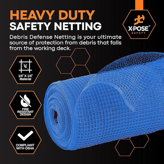 Xpose Safety Construction Safety Debris Netting - 150 Ft Temporary Material Roll, 1/4" Mesh Scaffold Net Enclosure, Visibility Barrier, Fencing Roll, Heavy Duty Fire Retardant 4 ft x 150 ft, Blue