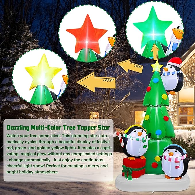 Joliyoou 8FT Christmas Inflatable Yard Decoration, Blow Up Giant Christmas Tree with Penguins Placing Star, Air-Blown Outdoor Holiday Display with Built-in LED and RGB Lights for Xmas Lawn Decor