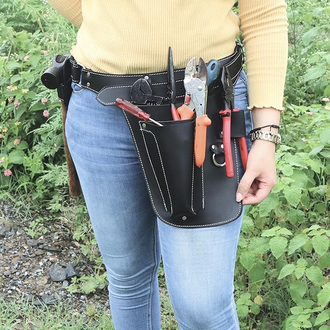 Handmade Full Grain Genuine Leather Florist Tool Belt for Construction, Gardening, Electrician - Waist Pouch with Pockets (Black)