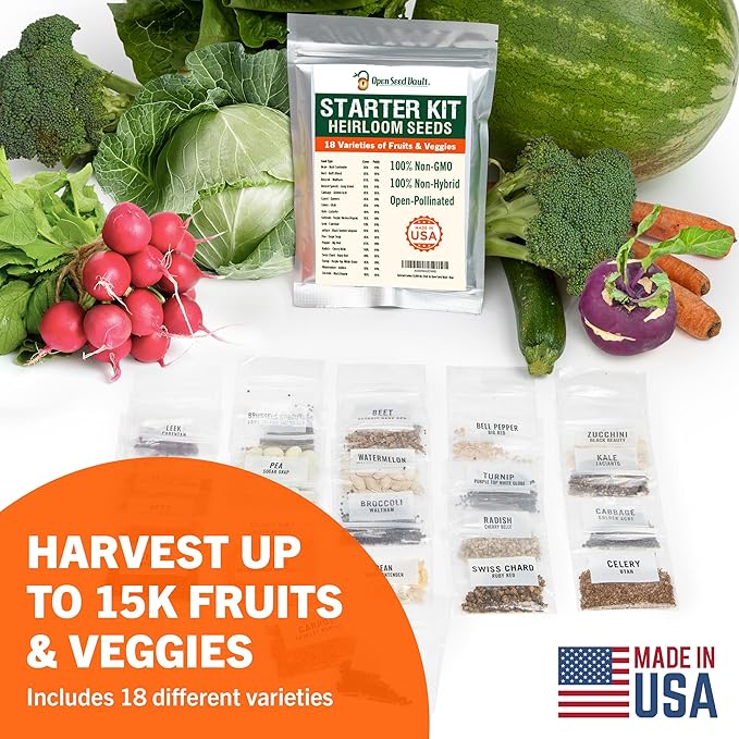 Open Seed Vault 15,000 Heirloom Plant Seeds for Gardening Vegetables and Fruits - Survival Seeds Kit with 30 Varieties - Organic, Non-GMO Survival Seed Pack for Home Gardening and Emergency Supplies