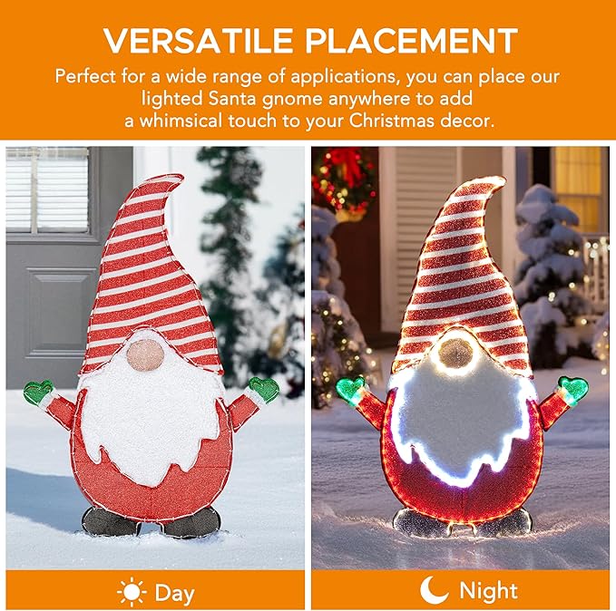SUNJOY Large 4 FT Christmas Lighted Gnome, Eye-Catching 2D Tinsel Santa Gnome Outdoor Garden Yard Lawn Big Festive Holiday Decoration with Lights for Indoor & Outdoor