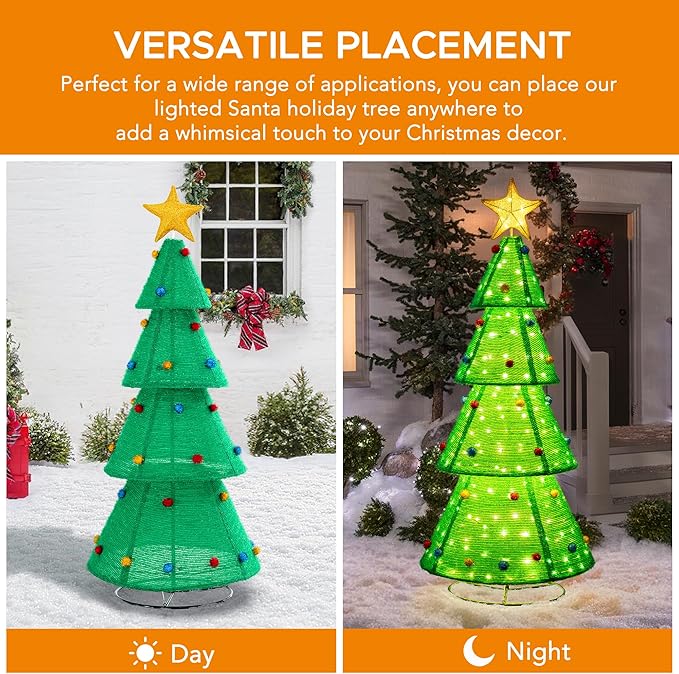 SUNJOY 6.4 FT Jumbo Christmas Lighted Tree, 3D Tinsel Santa Holiday Tree Outdoor Garden Yard Lawn Festive Holiday Decoration with Lights for Indoor & Outdoor