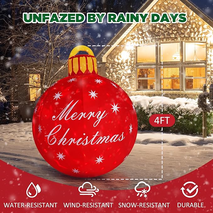4FT Giant Merry Christmas Inflatables Outdoor Decorations Blow Up Cute Christmas Decor Built-in LED Xmas Yard Outside Indoor Party Lawn Garden Porch Lawn Holiday(4FT Merry Christmas Ball)