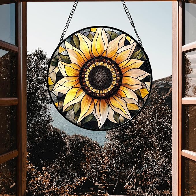 Stained Glass Window Hanging - Sunflower Suncatcher for Door Garden Patio Retro Flower Sun Catchers Decor Christmas Mother's Day Birthday Gifts for Women Mom Nana Friend Wife 15 in