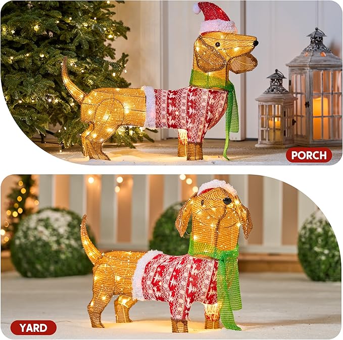 JOYIN Lighted Wiener Dog Christmas Decorations Outdoor, 40 LEDs Warm White Tinsel Dachshund Lights for Christmas Yard Decor, Light Up Xmas Lawn Ornaments with Metal Stakes for Outside Porch Garden