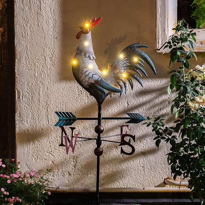 TERESA'S COLLECTIONS Garden Decor with Solar Outdoor Lights, White Rooster Yard Art Sign for Outside, 34'' Metal Weathervane Decorative Garden Stake for Outdoor Decor, Lawn, Gifts for Mom