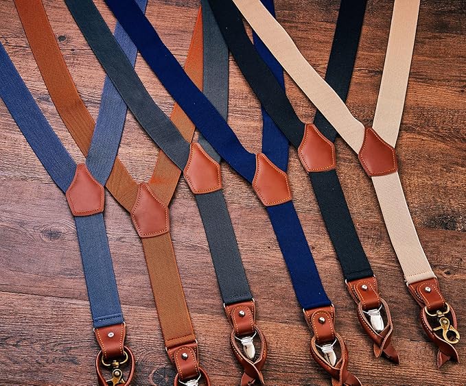 UPSONG Mens Suspenders，Brown Leather Button Tab and Clip Braces Heavy Duty Suspender Wedding Suspenders for Groom Groomsmen