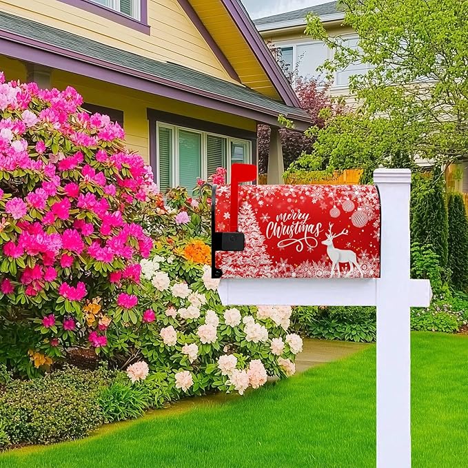 Merry Christmas Mail Box Covers Magnetic Standard Size 21x18 inch Winter Deer Snowflake Mailbox Cover Xmas Tree Mail Box Wrap for Outside Garden Yard Red