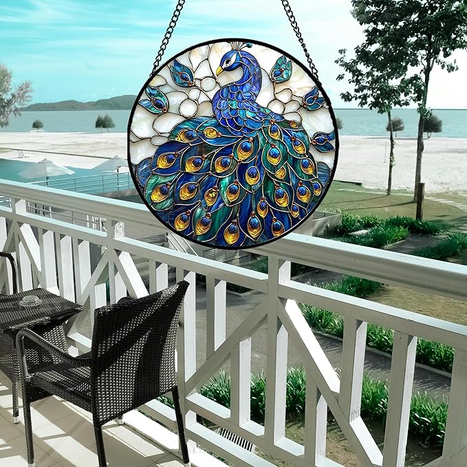 Stained Glass Window Hanging - Peacock Blue Gold Feathers Sun Catcher for Door Garden Home Decor Bird Suncatcher Christmas Mother's Day Birthday Gifts for Women Men Mom Nana 7.8 in