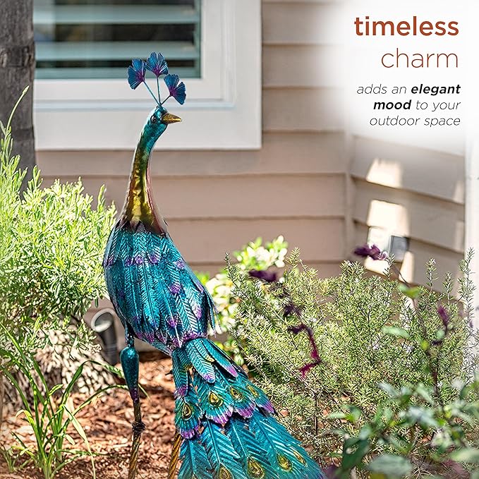 Alpine Corporation JUM207 Indoor Outdoor Metallic Peacock Standing Yard Statue Decoration, 37" Tall, Multicolor
