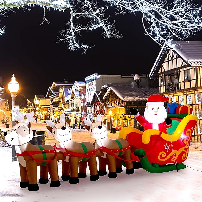 9.5 FT Christmas Inflatable Santa Claus on Sleigh with 3 Reindeer, Blow Up Santa, Christmas Inflatable Outdoor Decorations with Built-in LED Lights for Indoor, Garden, Lawn, Holiday, Party
