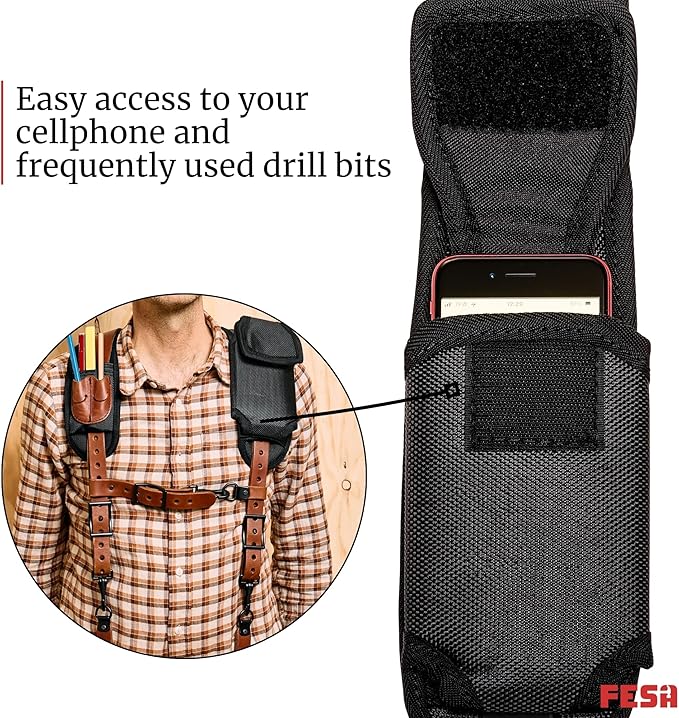 FESA Leather Tool Belt Suspenders for Men with Breathable Mesh Padding, Front Pockets & 4 Loops for Attachment to Work Belts