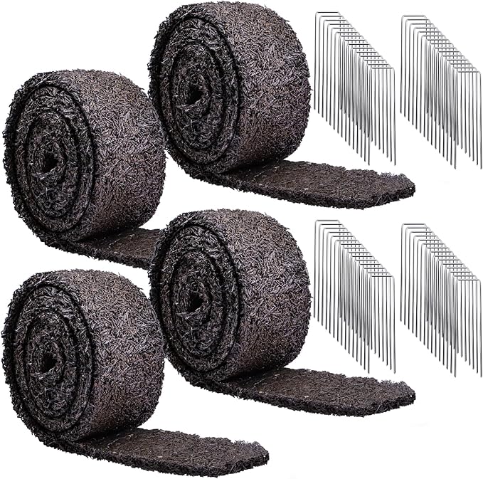 Rubber Mulch for Landscaping 4 Pack 120“ L x 4.5”W Recycled Garden Edging Border Mat Natural Looking Permanent Garden Mulch Barrier for Plants Vegetables & Flowers 60 U-Shaped Steel Stakes