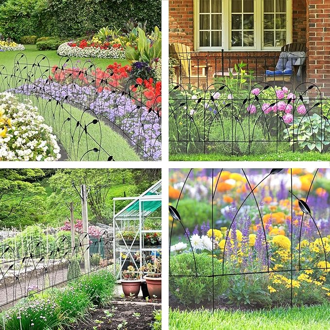 Metal Decorative Garden Fence Border, 32 in.H x 19.5 in.W (10 Panels, Total Length 16 feet) No Dig Fence Rustproof Wrought Iron Landscape Fencing for Flower Bed, Trees, Black