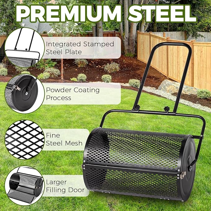 Outvita Compost Spreader, 24" Wide Lawn and Garden Peat Moss Roller with Side Latches, Powder Coated Steel Mesh Basket for Spreading Manure Mulch Topsoil