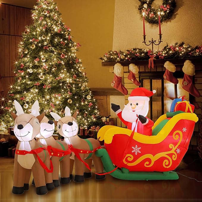 9.5 FT Christmas Inflatable Santa Claus on Sleigh with 3 Reindeer, Blow Up Santa, Christmas Inflatable Outdoor Decorations with Built-in LED Lights for Indoor, Garden, Lawn, Holiday, Party