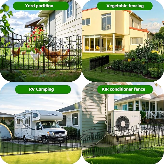 6 Panels Garden Fence Animal Barrier, 32in(H)×13.5ft(L) Rustproof Metal No Dig Fence | Reusable Decorative Garden Fence Border with Extra-Long Ground Stakes | Temporary Dog Fence for Yard, Black