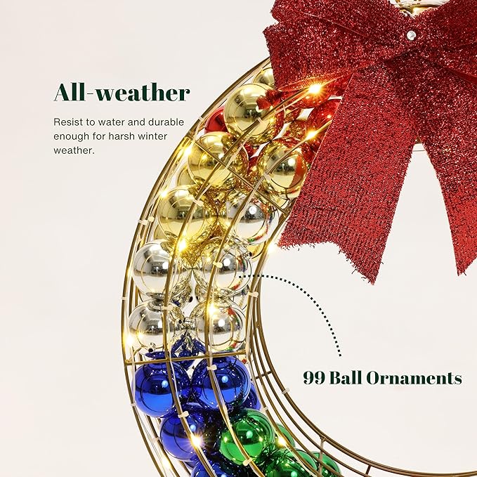 LuxenHome 24Inch Lighted Christmas Wreath, Christmas Outdoor Decorations, Large Wreath with Red Bow 188 LED Lights, Ornament Colorful Balls for Indoor, Lawn, Yard, Garden, Holiday Decor