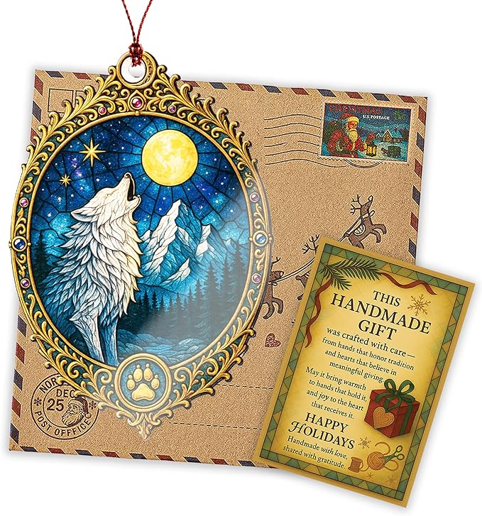 Wolf Ornament – Howling Moon – Night Sky Decor – Animal Spirit Card – Wilderness Gift – Christmas Holiday – Suncatcher Effect Stained Glass Window Hanging – Car Hanging