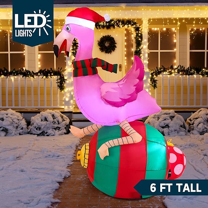 Joiedomi 6 ft Christmas Inflatable Flamingo on Ornament Decorations, Blow Up Inflatables with Build-in LEDs for Christmas Party Indoor, Outdoor, Yard, Garden, Lawn Décor, Holiday Season