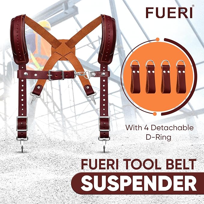 FUERI Tool Belt Leather Suspenders for Men Heavy Duty Bags Construction Carpenter Tools Electricians Framers