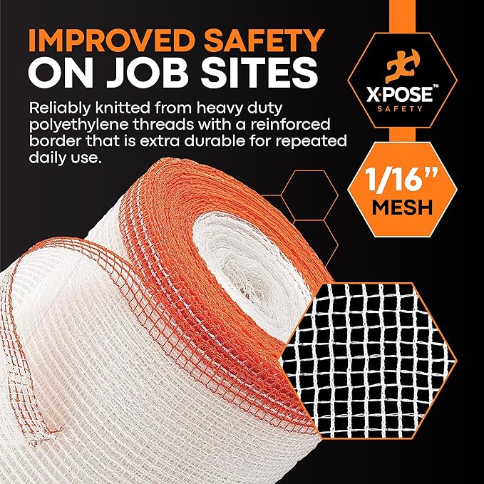 Xpose Safety Construction Safety Debris Netting - 150 Ft Temporary Material Roll, 1/16" Mesh Scaffold Net Enclosure, Visibility Barrier, Fencing Roll, Heavy Duty Fire Retardant 8.5 ft x 150 ft, White