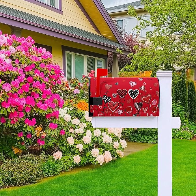 Valentines Mailbox Covers Magnetic Romantic Red Love Heart Mailbox Cover Standard Size 21x18 Inch Floral Decorative for Anniversary Wedding Outside Garden Yard