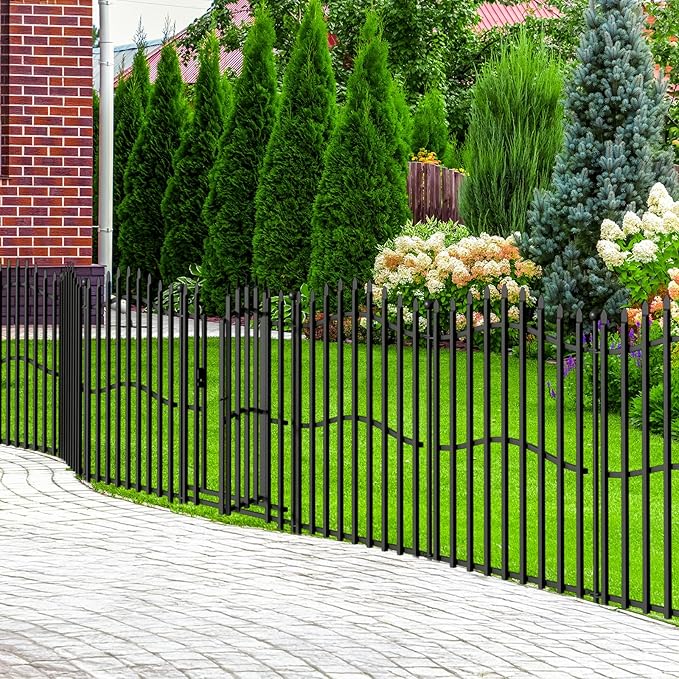 10 Panels No Dig Decorative Garden Fence with Gate - 32in H x 22.5ft L, Reinforced Square Tube Rustproof Tall Animal Barrier for Dogs & Rabbits, Outdoor Yard Border Fencing