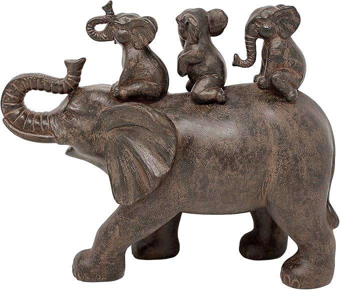 Nature's Mark 8" H 3 Baby Elephants Riding an Elephant Resin Statue Figurine Home Decorative Accent Decor (Brown)