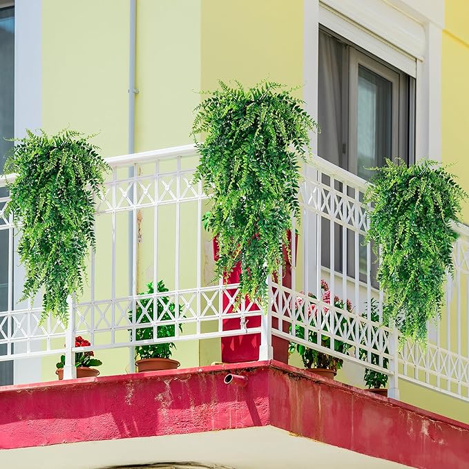 Sggvecsy 4 Pack Artificial Hanging Plants Fake Hanging Plant Faux Hanging Boston Ferns Fake Ivy Vines Greenery UV Resistant Plastic Plants for Indoor Outdoor Room Wall Wedding Patio Porch Decor