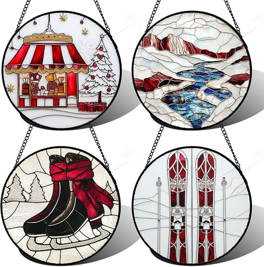 Stained Glass Window Hanging 4 Pcs Set Winter Skiing Red Christmas House 7.8" - Suncatcher Door Garden Sun Catcher Decor Birthday Mother's Day for Mom Woman Nana Friend