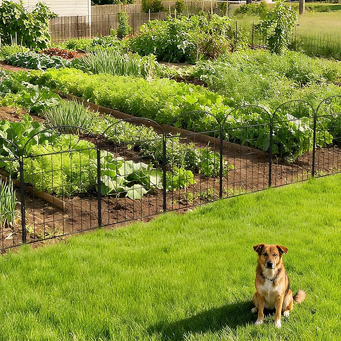 4 Panels Garden Fence Dog Fence Outdoor for Yard with Gate, 30 in(H) x 8.4 ft(L) No Dig Decorative Garden Fencing Animal Barrier, Metal Wire Panel Border for Dogs, Rabbits, Patio, Flower Bed