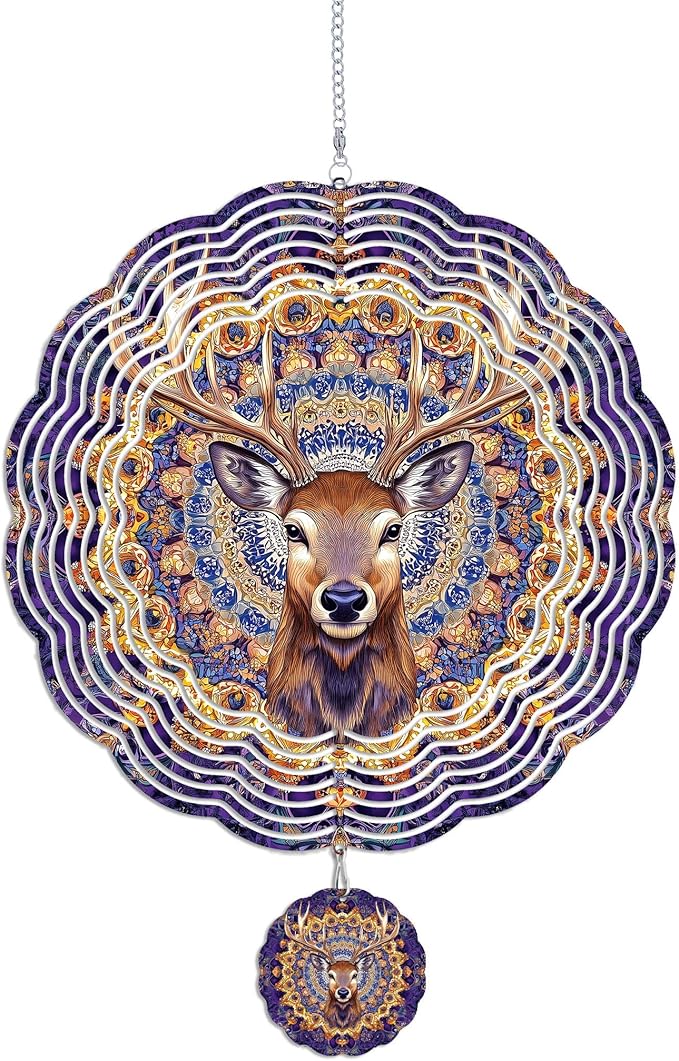 Wind Spinners Outdoor, Purple Brown Elk Deer 3D Stainless Steel Wind Sculpture Spinner for Garden Outside Hanging Decor Mother's Day Christmas Birthday Gifts for Women Men Mom Nana 11.8 in