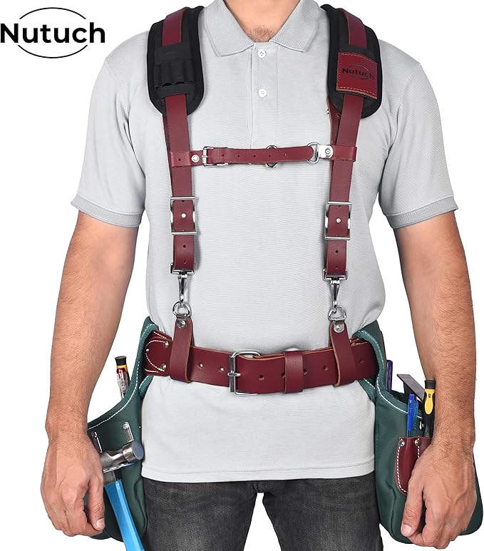 Heavy Duty Leather Work Suspender With Pockets | Fully-Adjustable Padded Leather Tool Belt Suspenders for Men | Construction | Framers | Handyman | Electrician