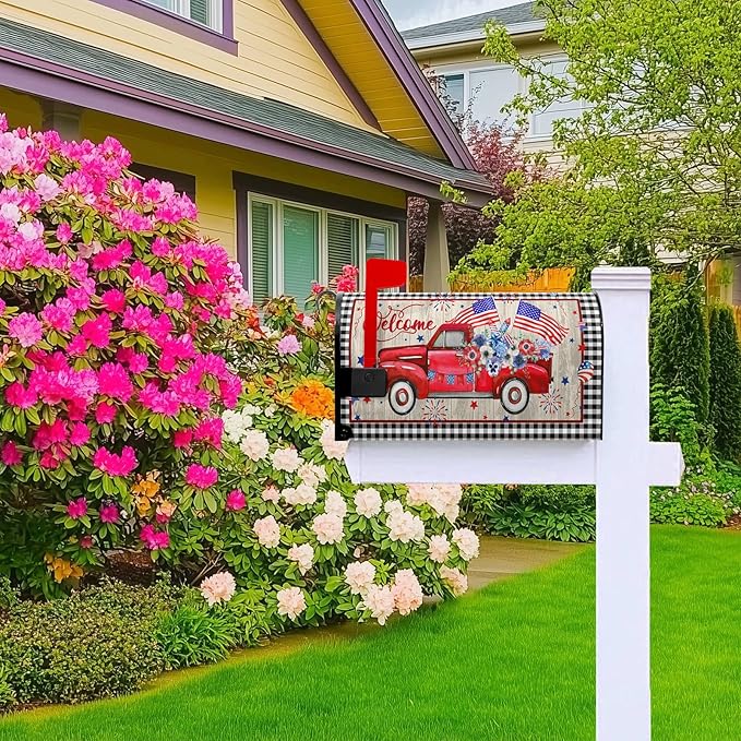Welcome Red Truck Mailbox Cover 4th of July Mailbox Covers Magnetic Patriotic Post Letter Box Wrap Standard Size 21x18 in for Outdoor Garden Mail Box Decor Floral Buffalo Plaid
