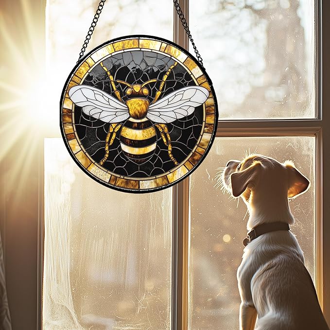 Stained Glass Window Hanging - Black Gold Bee White Wings Sun Catcher for Door Home Decor Insect Suncatcher Christmas Mother's Day Birthday Gifts for Women Men Lovers Mom Nana 11.8 in