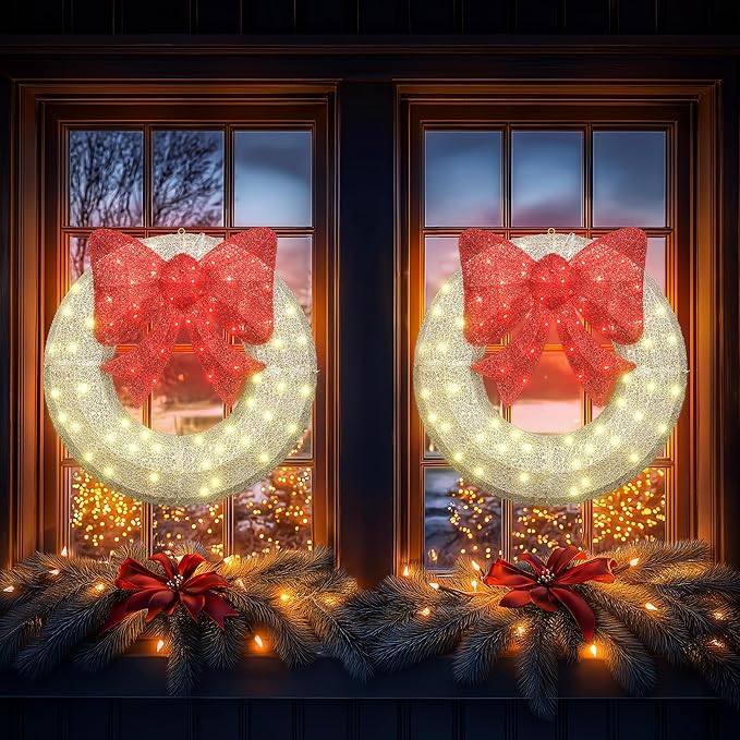 Lamerge 2PCS Pre-Lit Outdoor Christmas Wreaths Decorations, 36'' Bow Holiday Decor Wreath, Christmas Wreaths with 90 Lights, Lights Outdoor/Indoor Decorations for Front Door, Wall, Window, White