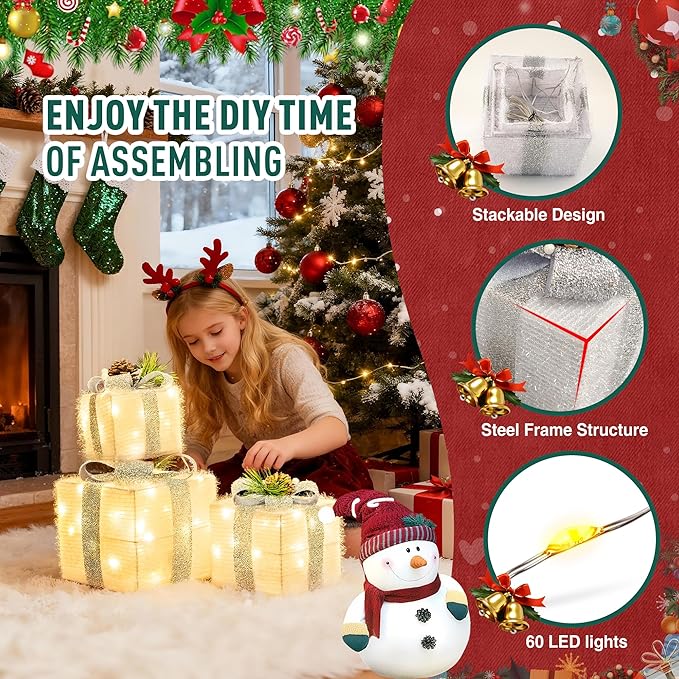 Set of 3 Christmas Lighted Gift Boxes,Outdoor Indoor Christmas Decorations,Plug-in 65 LED Light Up Present Boxes for Christmas Trees Indoor Outdoor Home Yard Lawn Holiday Birthday Party Decor