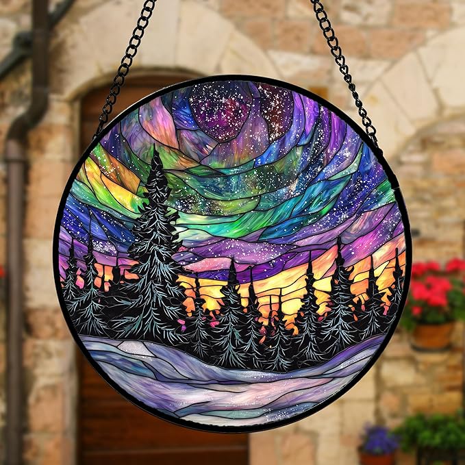 Stained Glass Window Hanging, Van Gogh Night Scene Sun Catchers Colorful Glass Panel Starry Sky Suncatcher Decor for Birthday for Women, Men, Wife, Aunt, and Mom 7.8 in