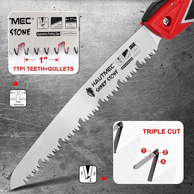 HAUTMEC 9" Pruning Hand saw, Pro Folding Saw of Sharp Stone Serie, SK5 Blade, Precision Hardened Triple-cut Teeth, Deep Gullets for Swift Chip HT0304