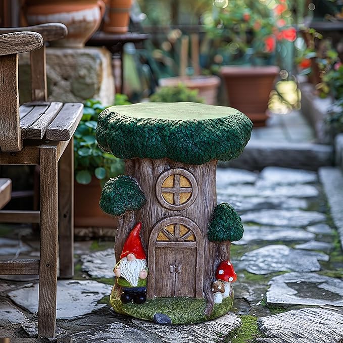 LuxenHome Gnome Garden Statue,17'' Tree House Statue, Outdoor Side Table, Plant Stand for Balcony, Gift, Large Garden Ornaments Yard Decor, Fairy House, Patio Side Table, Sculpture, Tree Stump