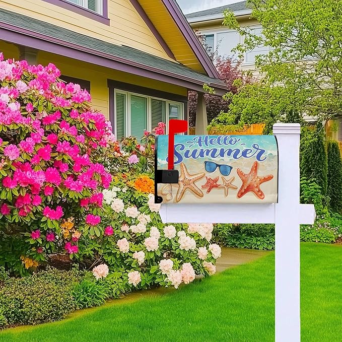 Hello Summer Mailbox Cover Beach Starfish Mail Box Covers Magnetic Standard Size Sunglasses Post Letter Box Cover Wrap 21x18 inch Mailbox Decorations for Outside Garden Yard