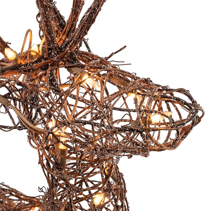 Alpine Corporation 35" Tall Outdoor Lighted Rattan Reindeer Christmas Yard Decoration with 60 Warm White LED Lights for Lawn Display, Brown
