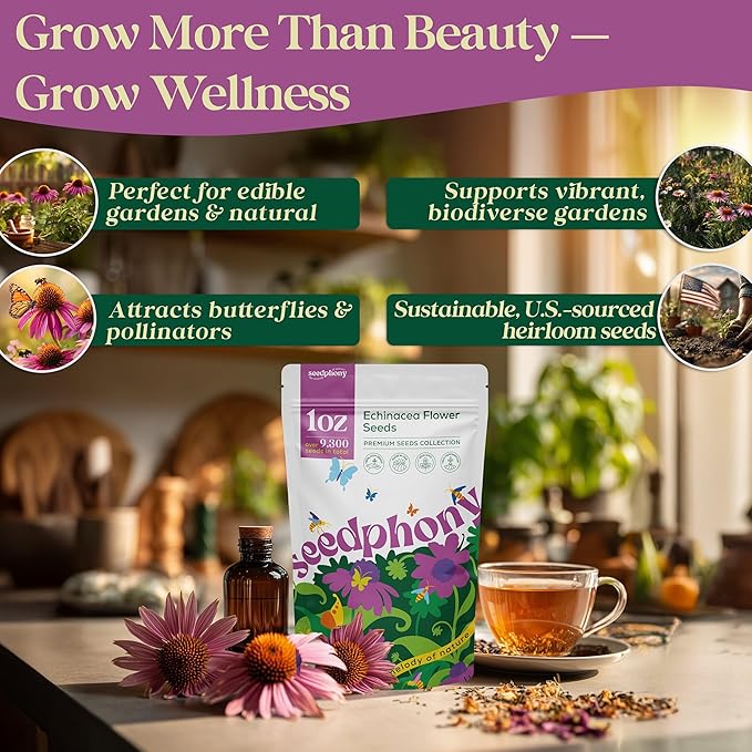 Echinacea Seed Pack 1 oz - 9,300 Non-GMO Heirloom Echinacea Seeds for Planting, Perennial Flowers in Waterproof Seed Packet, Coneflower Seeds for Planting Garden Indoor & Outdoor Gardening